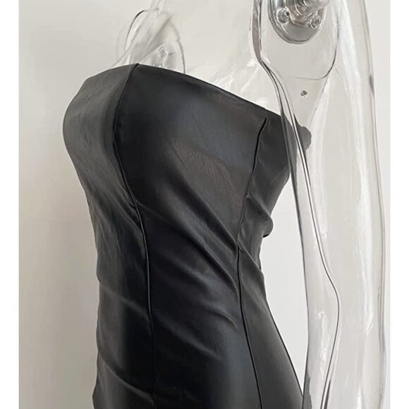 Sexy Black Leather Strapless Tube Top Bodycon Mini Bustier Pencil Midi Dress‎ - Picture 9 of 10